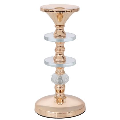 ЗЛАТИСТ МЕТАЛЕН СВЕЩНИК С АКРИЛНИ ДЕТАЙЛИ, 11X23 СМ