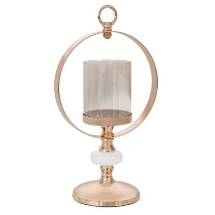 ЗЛАТИСТ МЕТАЛЕН СВЕЩНИК С ВЕНЕЦ И СТЪКЛО D12 18X34СМ