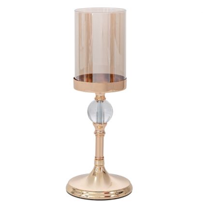 ЗЛАТИСТ МЕТАЛЕН СВЕЩНИК СЪС СТЪКЛО D13,5X36CM