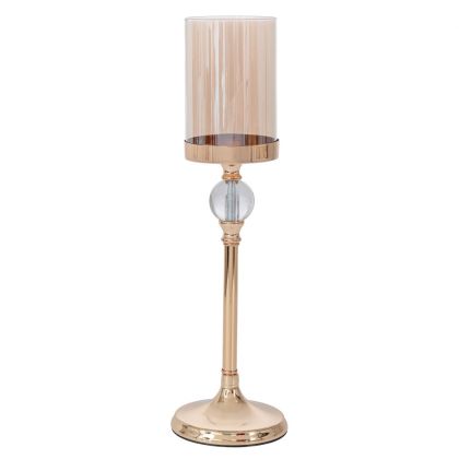 ЗЛАТИСТ МЕТАЛЕН СВЕЩНИК СЪС СТЪКЛО D13,5X46CM