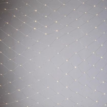 ВЪНШНИ СВЕТЕЩИ ЛАМПИЧКИ LED МРЕЖА, 1560 МИНИ МЛЕЧЕН LED, 27V ТРАНСФОРМАТОР, ФИКСИРАН, ПРОЗРАЧЕН МЕДЕН КАБЕЛ, ТОПЛО БЯЛ LED (В350 x Ш400 см), УДЪЛЖИТЕЛ 5 м, IP44