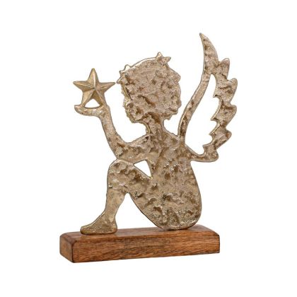 КОЛЕДЕН ДЕКОРАТИВЕН АЛУМИНИЕВ АНГЕЛ С ДЪРВЕНА ОСНОВА FL1723 ЗЛАТИСТ ЦВЯТ 19x5x24см