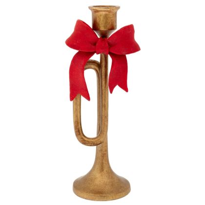 КОЛЕДЕН СВЕЩНИК ОТ ЗЛАТЕН ПОЛИРЕЗИН С ЧЕРВЕНА ПАНДЕЛКА 10X8,5X26СМ