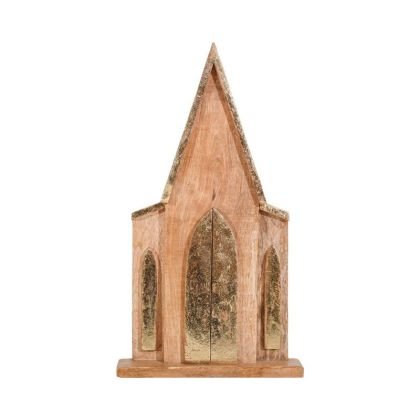 КОЛЕДНА ДЕКОРАТИВНА ДЪРВЕНА КЪЩИЧКА FL0649 ЗЛАТИСТ ЦВЯТ 19x7x36см