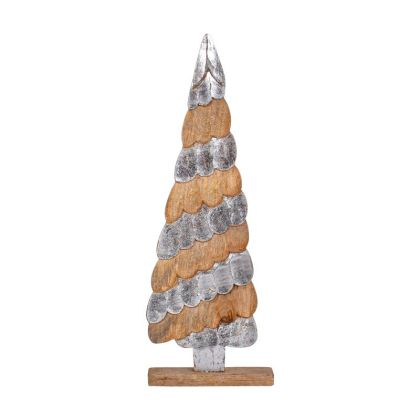 КОЛЕДНА ДЪРВЕНА ДЕКОРАТИВНА ЕЛА С АЛУМИНИЕВИ ДЕТАЙЛИ FL0624 КАФЯВО-СРЕБЪРИСТ ЦВЯТ 23x8x72см