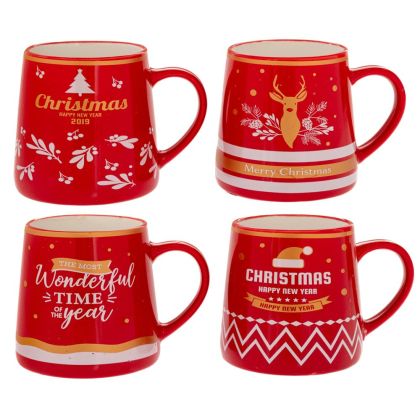 КОЛЕДНА ЧЕРВЕНА КЕРАМИЧНА ЧАША С КОЛЕДНИ ФИГУРКИ 4 ДИЗАЙНА 420 МЛ