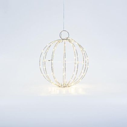 СРЕБЪРНА МЕТАЛНА ТОПКА 20 СМ, 96 МИНИ LED, АДАПТЕР С ПОСТАВЕН ПЛИК, СРЕБЪРНА МЕДНА ЖИЦА, ТОПЛО БЯЛА LED СВЕТЛИНА, ЖИЦА 3 М, IP44