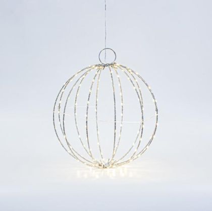 СРЕБЪРНА МЕТАЛНА ТОПКА 30 СМ, 144 МИНИ LED, АДАПТЕР, СРЕБЪРНА МЕДНА ЖИЦА, ТОПЛО БЯЛА LED СВЕТЛИНА, ЖИЛ 3 М, IP44