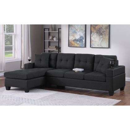 ЪГЛОВ ДИВАН JORDAN, ОБРЪЩАЕМ, ЧЕРЕН ПЛАТ, ПОДЛАКЪТНИЦИ С ПОСТАВКИ ЗА ЧАШИ