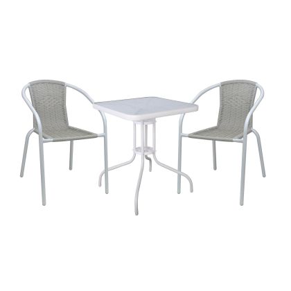 ГРАДИНСКИ КОМПЛЕКТ BALENO-W - ТЕРАСА: МАСА + 2 СТОЛА МЕТАЛЕН БЯЛ, ПЛЕТЕНА БЕЖОВА