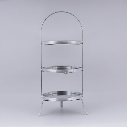 ДЕКОРАТИВНА ПОСТАВКА ЗА ТОРТА 3 ЕТАЖА, ОТ СТЪКЛО, СЪС СРЕБЪРНИ ДЕТАЙЛИ, 20X51СМ