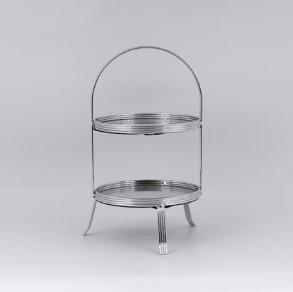 ДЕКОРАТИВНА ПОСТАВКА ЗА ТОРТА, 2 ЕТАЖА, ОТ СТЪКЛО, СЪС СРЕБЪРНИ ДЕТАЙЛИ, 20X38СМ