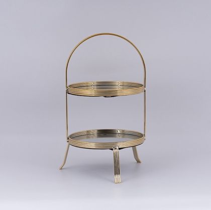 ДЕКОРАТИВНА ПОСТАВКА ЗА ТОРТА, 2 ЕТАЖА, ОТ ЧЕКЛО СЪС ЗЛАТНИ ДЕТАЙЛИ, 20X38СМ