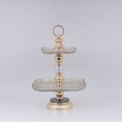 ДЕКОРАТИВНА ПОСТАВКА ЗА ТОРТА, 2 ЕТАЖА, ОТ ЧЕКЛО СЪС ЗЛАТНИ ДЕТАЙЛИ, 26X43СМ