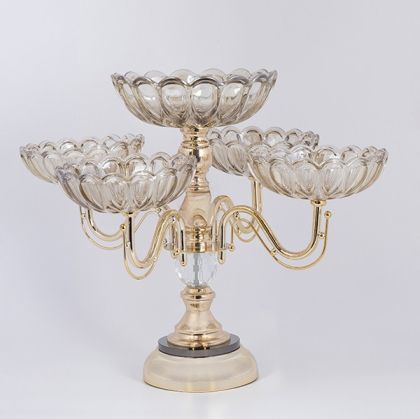 ДЕКОРАТИВНА ФРУКТИЕРА ОТ СТЪКЛО С МЕТАЛНИ АКЦЕНТИ, ЗЛАТИСТ 35X35СМ