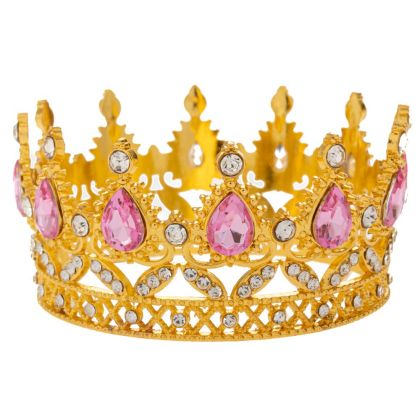 ЗЛАТНА МЕТАЛНА КОРОНА С РОЗОВИ СКЪПОЦЕННИ КАМЪНИ 9X4.5 СМ