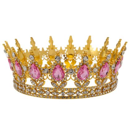 ЗЛАТНА МЕТАЛНА КОРОНА С РОЗОВИ СКЪПОЦЕННИ КАМЪНИ 12X5.5 СМ