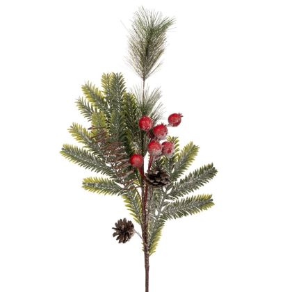 ДЕКОРАТИВЕН ЗАМРЪЗНАЛ КЛОН С ЧЕРВЕНИ ПЛОДЧЕТА И БОРОВИ ШИШАРКИ 72СМ