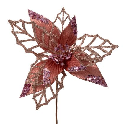 КОЛЕДЕН КЛОН С РОЗОВА ПУАНСЕТИЯ И БРОКАТ D26X45СМ