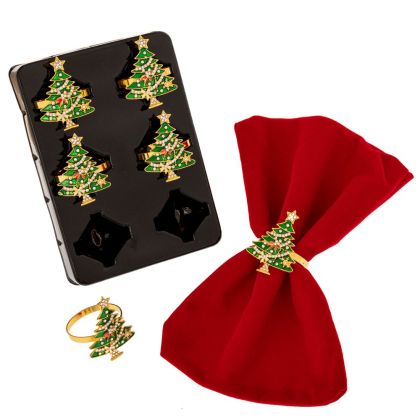 КОЛЕДЕН КОМПЛЕКТ ОТ 6 ПРЪСТЕНА ЗА САЛФЕТКИ СЪС ЗЕЛЕНО ДЪРВО