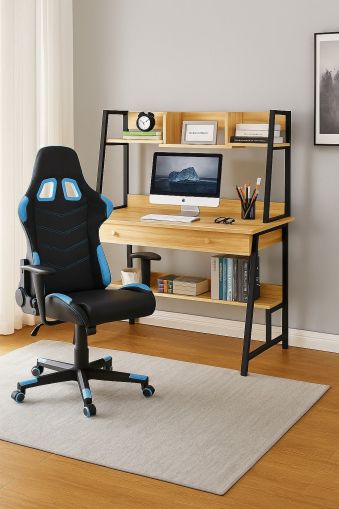 КОМПЛЕКТ STUDENT-1 SONOMA, КОМПЮТЪРНО БЮРО - ЧЕРНО + ГЕЙМЪРСКИ СТОЛ , ЧЕРНО-СИН