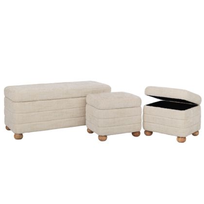 КОМПЛЕКТ ОТ 3 КРЕМАВИ ТЕСТИЛНИ ТАБУРЕТКИ С МЯСТО ЗА СЪХРАНЕНИЕ И ДЪРВЕНИ КРАКА 93X42X41, 40X34X34, 40X34X34СМ