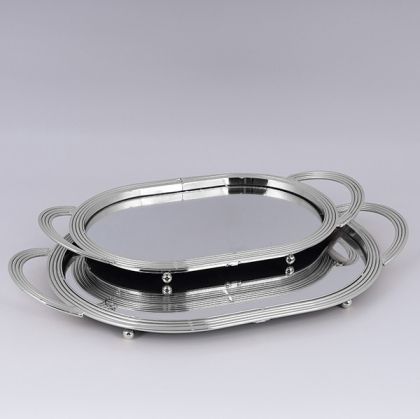 МЕТАЛЕН ПОДНОС S/2 С ОГЛЕДАЛО, СРЕБЪРЕН 27X45СМ / 21X38СМ