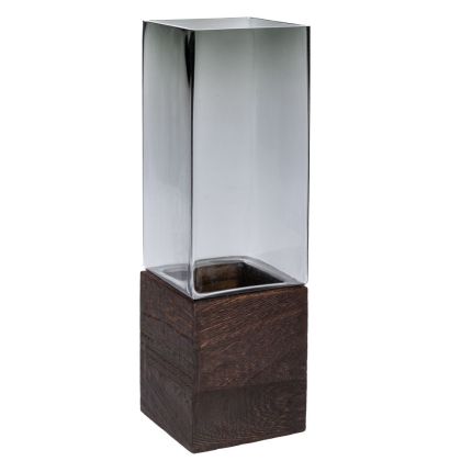 СИВА СТЪКЛЕНА ВАЗА НА ДЪРВЕНА ОСНОВА D10X30СМ