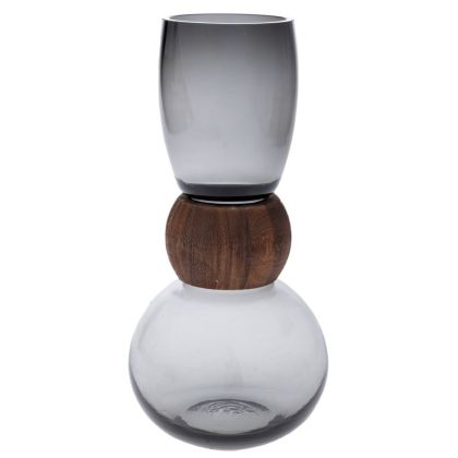 СИВА СТЪКЛЕНА ВАЗА С ДЪРВЕНА ДЕКОРАЦИЯ 16X33СМ