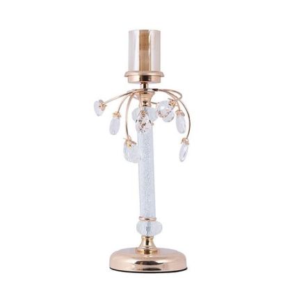 СТЪКЛЕН СВЕЩНИК С КРИСТАЛНИ ДЕТАЙЛИ, МЕТАЛНА ОСНОВА, ЗЛАТИСТО-БЯЛО-КЕХЛИБАРЕНО СТЪКЛО 12X42СМ