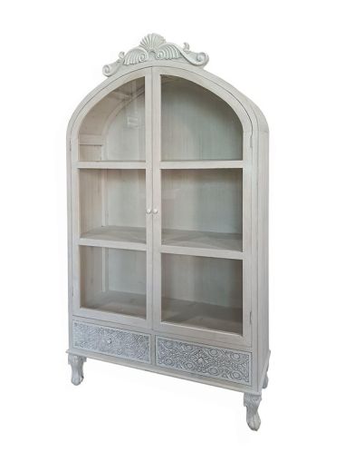 ШКАФ-ВИТРИНА ДЪРВЕНА, СВЕТЛО СИВА 93.5X32X160СМ