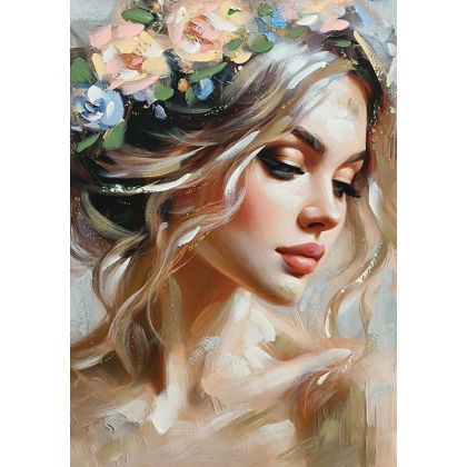 БЕЖОВА КАРТИНА ВЪРХУ ПЛАТНО КРАСИВА ЖЕНА С ЦВЕТЯ НА ГЛАВАТА 70x100 СМ 8/KIB