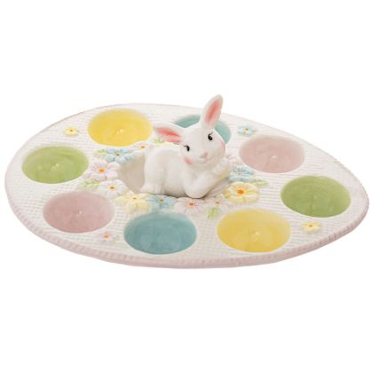 БЯЛА КЕРАМИЧНА ПОСТАВКА ЗА ВЕЛИКДЕНСКИ ЯЙЦА СЪС ЗАЙЧЕ 25Х19Х8,5 СМ