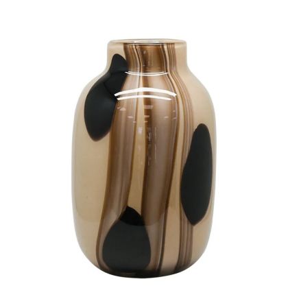 ВАЗА ОТ ДУХАНО СТЪКЛО, ИЗВИТА, БЕЖОВА, С КАФЯВИ ЛИНИИ И ТОЧКИ - Φ22x35см 2/КУТИЯ