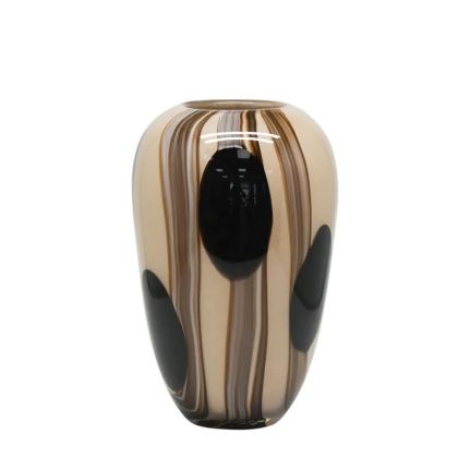 ВАЗА ОТ ДУХАНО СТЪКЛО, ОВАЛНА, БЕЖОВА, С КАФЯВИ ЛИНИИ И ТОЧКИ - Φ18x27см 4/КУТИЯ