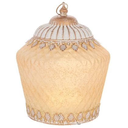 ВИНТИДЖ СТИЛ СТЪКЛЕН ФЕНЕР С LED СВЕТЛИНА И МЕТАЛЕН КАПАК В ЖЪЛТ ЦВЯТ 15X15X19 СМ