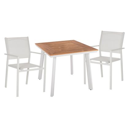 ГРАДИНСКИ КОМПЛЕКТ HM11834 3 ЧАСТ АЛУМИНИЕВА КВАДРАТНА МАСА ОТ ПОЛИДЪРВДЪРВО И АЛУМИНИЕВИ МЕТАЛНИ КРОСВЕТИ В БЯЛО