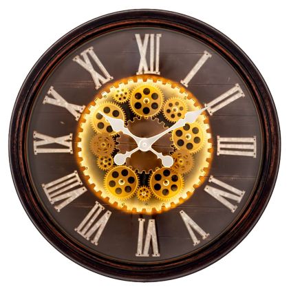 ДЕКОРАТИВЕН КРЪГЪЛ МЕТАЛЕН СТЕНЕН ЧАСОВНИК В КАФЯВ ЦВЯТ С БЕЗЖИЧНО УПРАВЛЕНИЕ НА СВЕТЛИНАТА В 3 ЦВЯТА, Д 57 СМ