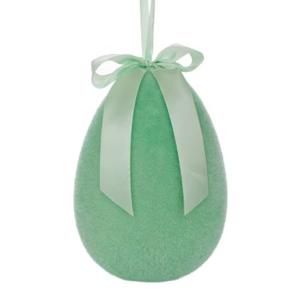 Зелено флокирано висящо яйце с панделка, великденска декорация 20 см