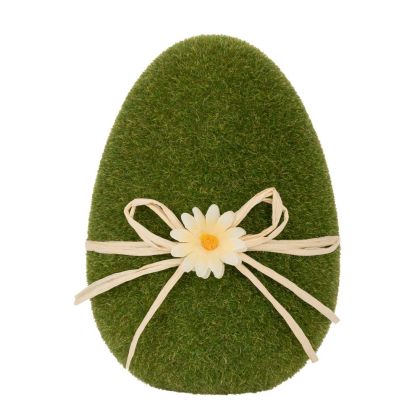 Зелено флокирано яйце с красиво бяло цветя и панделка за великденска декорация 15 см