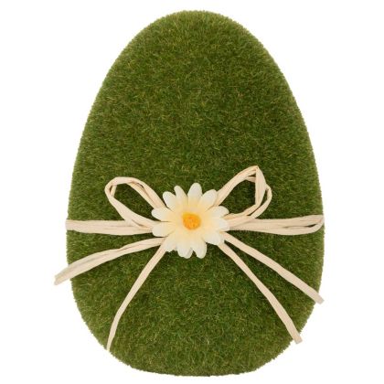 Зелено флокирано яйце с красиво бяло цветя и панделка за великденска декорация 20 см