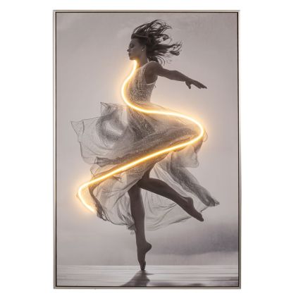 КАРТИНА БАЛЕРИНА С LED СВЕТЛИНА СЪС СРЕБЪРНА РАМКА ВЪРХУ ПРИНТИРАНО ПЛАТНО 80X120 СМ