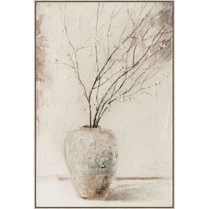 КАРТИНА ВЪРХУ ПЛАТНО ВАЗА С КЛОНИ И БУКЕТИ, БЕЖОВА С 3D ЕЛЕМЕНТИ В РАМКА - 82.5x122.5x3.5см 8 БР./КУТИЯ