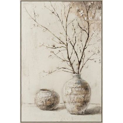 КАРТИНА ВЪРХУ ПЛАТНО ВАЗА С КЛОНИ И БУКЕТИ, БЕЖОВА С 3D ЕЛЕМЕНТИ В РАМКА - 82.5x122.5x3.5см 8 БР./КУТИЯ