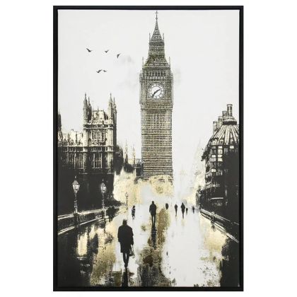 КАРТИНА ВЪРХУ ПЛАТНО ПЪТУВАНЕ ДО ЛОНДОН ЧЕРНО-БЯЛО/ЗЛАТНО В РАМКА - 60x90x4см 12/КУТИЯ
