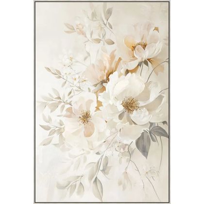 КАРТИНА ВЪРХУ ПЛАТНО С КРЕМАВИСТИ/СИВИ ЦВЕТЯ В РАМКА - 82.5x122.5x3.5см 6 БР./КУТИЯ