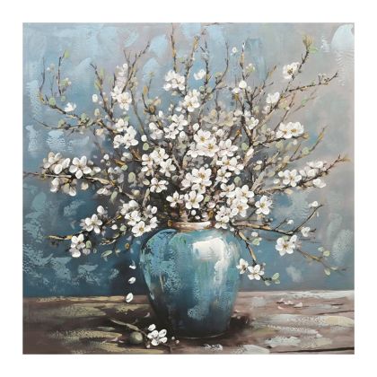 КАРТИНА ВЪРХУ ПЛАТНО СИНЬО-БЯЛА ВАЗА С ПЕРЛИ 80x80СМ 8/KIB