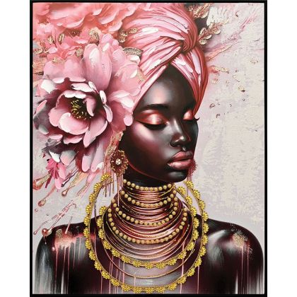 КАРТИНА НА ПЛАТНО РОЗОВО-КАФЯВО-ЗЛАТИСТА ЖЕНА С ЦВЕТЯ НА ГЛАВАТА 82x102CM 6/KIB