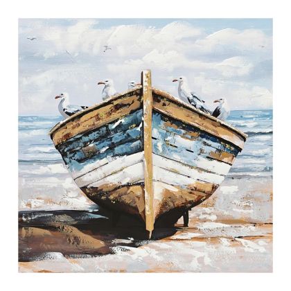 КАРТИНА НА ПЛАТНО СИН ЛОДКА НА БЕРЕГА С ПТИЦИ 80x80CM 8/KIB