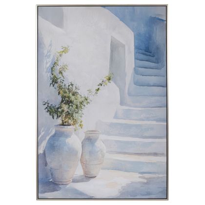 КАРТИНА С ГРЪЦКИ ОСТРОВ ВЪРХУ ПЛАТНО С ЧЕРНА СРЕБЪРНА РАМКА 80X120 СМ